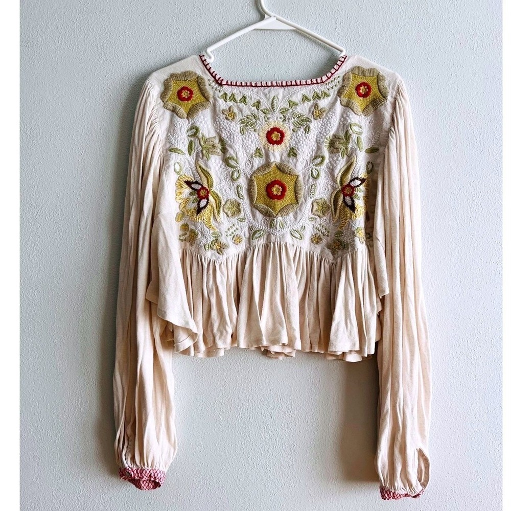Free People Blouse Womens Medium White Embroidered Floral Long Sleeve Boho Top - Picture 4 of 4